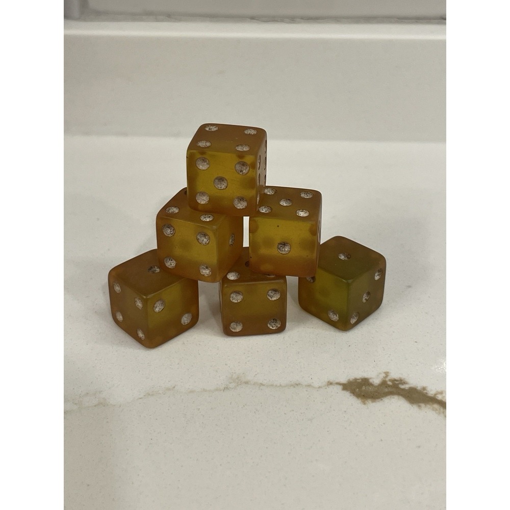 Vintage Lucite Translucent Clear Classic Dice Yellow Set of 6 MCM 1/2 Inch